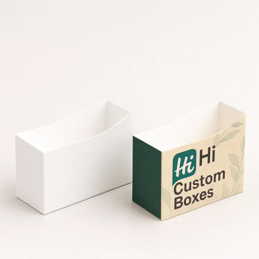 Two horizontal holster soap sleeves- one plain white- one custom-printed with logo and leaves- class=